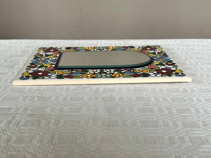 Joli miroir vintage en céramique, décor floral en émail cloisonné