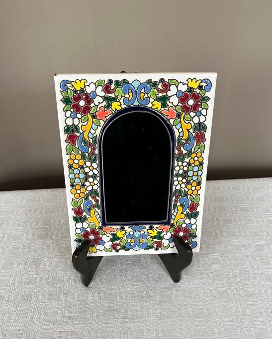 Joli miroir vintage en céramique, décor floral en émail cloisonné