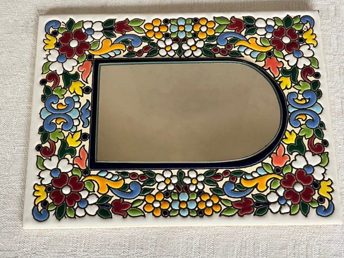 Joli miroir vintage en céramique, décor floral en émail cloisonné