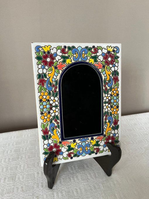 Joli miroir vintage en céramique, décor floral en émail cloisonné