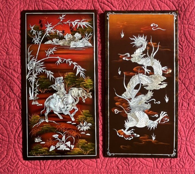 La Flûte du bouvier, Tableau asiatique en bois laqué nacre incrusté