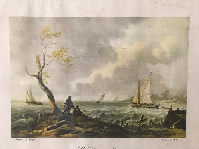 Lithographie Coup de vent de Backhuisen, Pinxit, F. Nathan Éditeur dans cadre en bois
