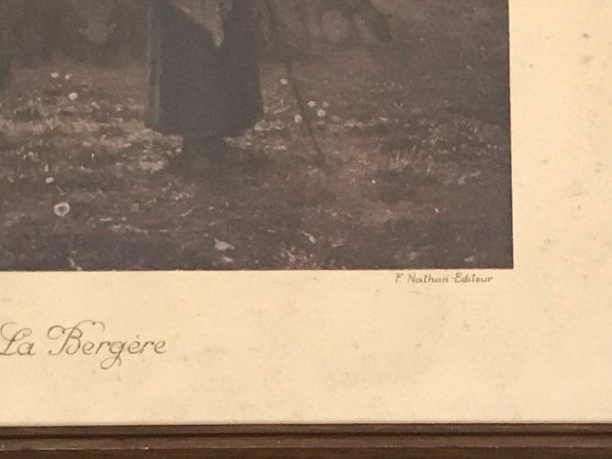 Lithographie La bergère, Millet, Pinxit, F. Nathan Éditeur dans cadre en bois