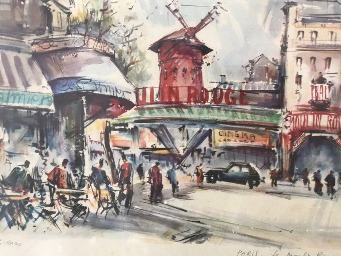 Lithographie Le moulin rouge, Paris, signé Marius Girard, sous cadre