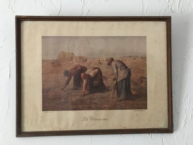 Lithographie Les Glaneuses, de Millet, Pinxit, F. Nathan Éditeur dans cadre en bois