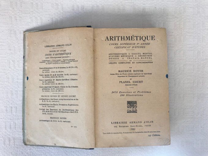 Livre ancien scolaire, Arithmétique, Cours supérieur 1er année, Librairie Armand Colin, 1942