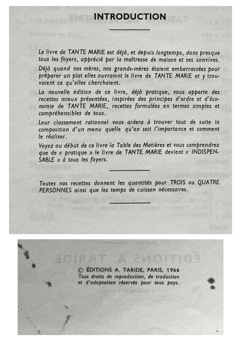 Livre de cuisine Tante Marie, vintage "La Cuisine de Famille" - Éditions A. Taride 1966/1968.