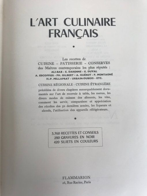 Livre, L'art culinaire français par nos grands maitres de la cuisine, 1957