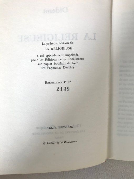 Livre La religieuse, Diderot, Éditions de la Renaissance, numéroté