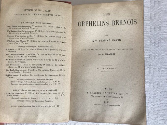 Livre, Les orphelins Bernois, Mme J. Cazin, Bibliothèque rose illustrée, 1912