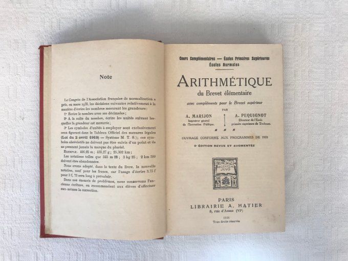 Livre scolaire ancien, Arithmétique des écoles primaires supérieures, Librairie A. Hatier, 1936