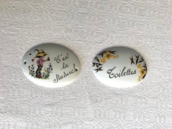 Lot, 2 plaques de porte porcelaine de Limoges et 1 porte torchon en céramique,  vintage