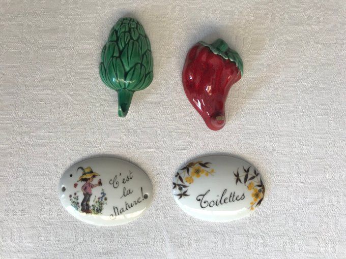 Lot, 2 plaques de porte porcelaine de Limoges et 1 porte torchon en céramique,  vintage