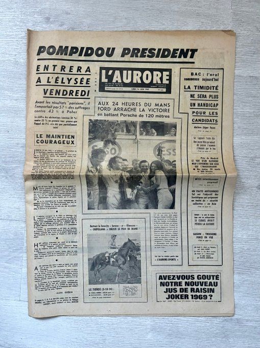 Lot 3 journaux anciens originaux juin 1969, Élection présidentielle, Georges Pompidou.