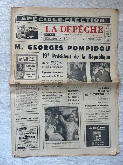 Lot 3 journaux anciens originaux juin 1969, Élection présidentielle, Georges Pompidou.