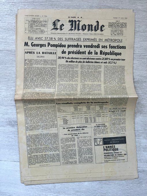 Lot 3 journaux anciens originaux juin 1969, Élection présidentielle, Georges Pompidou.