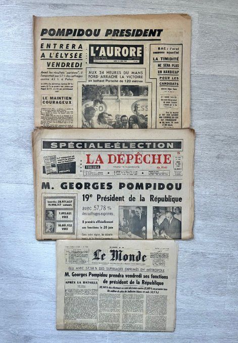 Lot 3 journaux anciens originaux juin 1969, Élection présidentielle, Georges Pompidou.