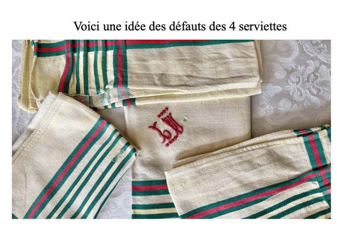 Lot 6 serviettes de table anciennes style basque, initiales brodées LM + 4 offertes