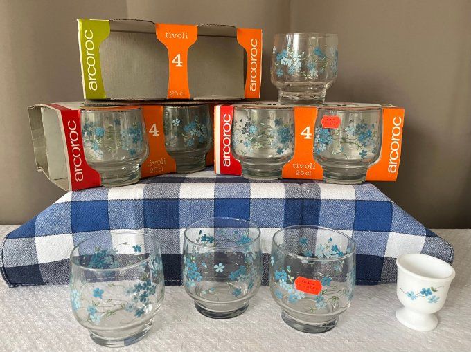 Lot de 12 Verres ARCOROC Modèle Véronica, Myosotis – Neuf, Années 70