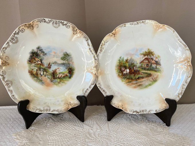 Lot de 2 assiettes anciennes, décoratives, estampillées Pro Saxe ES, Erdmann Schlegelmilch