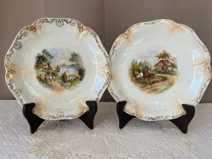 Lot de 2 assiettes anciennes, décoratives, estampillées Pro Saxe ES, Erdmann Schlegelmilch