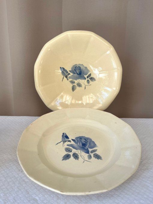Lot de 2 plats Digoin Sarreguemines, modèle Rose bleue