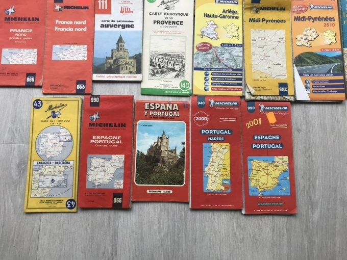 Lot de 25 cartes routières anciennes, publicitaire,pub, France, régions, Portugal et Espagne