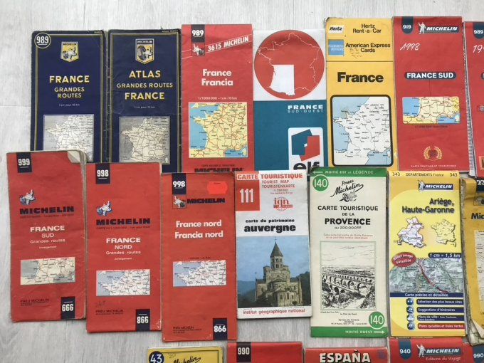 Lot de 25 cartes routières anciennes, publicitaire,pub, France, régions, Portugal et Espagne