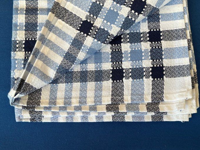 Lot de 3 serviettes de table vintage en pur coton à carreaux bleus.
