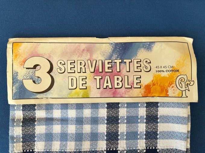 Lot de 3 serviettes de table vintage en pur coton à carreaux bleus.