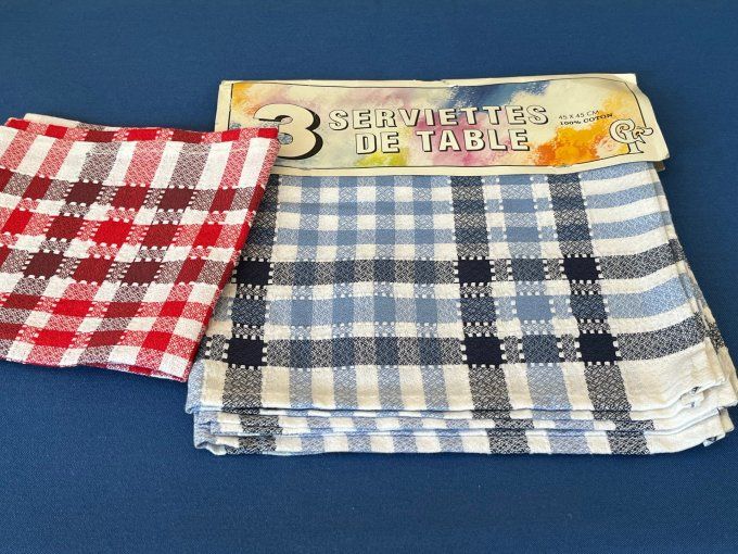 Lot de 3 serviettes de table vintage en pur coton à carreaux bleus.