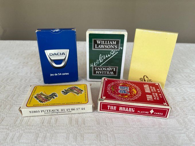 Lot de 5 jeux de cartes à jouer, Salers Gentiane, William Lawson's, Dacia et Tu Huang