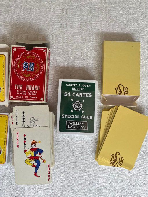 Lot de 5 jeux de cartes à jouer, Salers Gentiane, William Lawson's, Dacia et Tu Huang