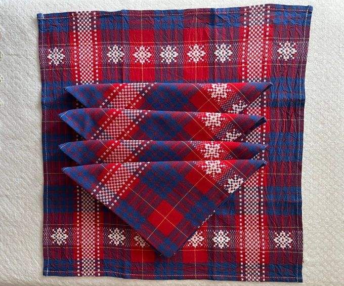 Lot de 5 serviettes de table en coton rouge et bleu, motifs jacquard carreaux et étoiles