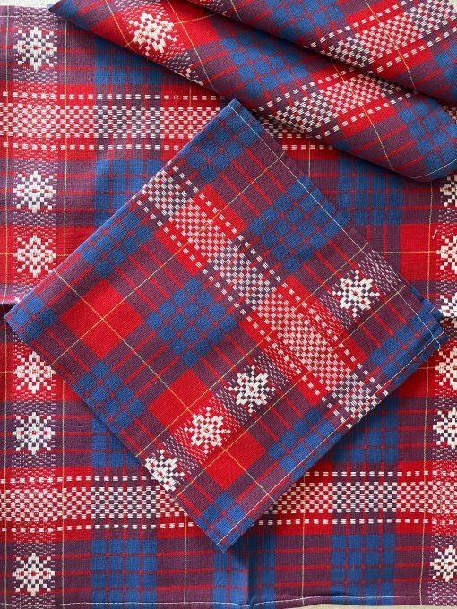 Lot de 5 serviettes de table en coton rouge et bleu, motifs jacquard carreaux et étoiles
