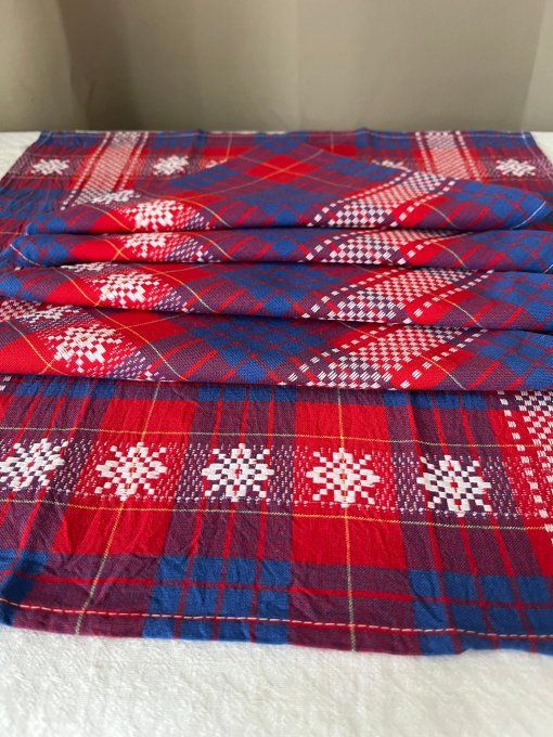 Lot de 5 serviettes de table en coton rouge et bleu, motifs jacquard carreaux et étoiles