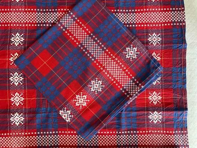 Lot de 5 serviettes de table en coton rouge et bleu, motifs jacquard carreaux et étoiles