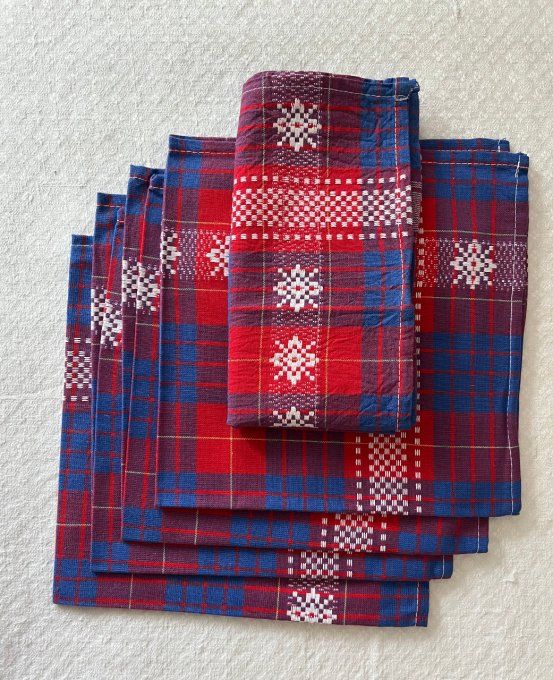 Lot de 5 serviettes de table en coton rouge et bleu, motifs jacquard carreaux et étoiles