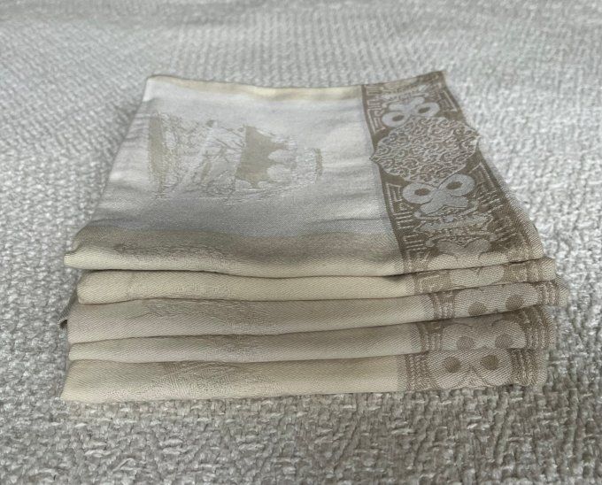 Lot de 5 serviettes de table vintage en tissu damassé bicolore, années 1980/1990