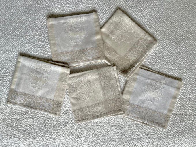 Lot de 5 serviettes de table vintage en tissu damassé bicolore, années 1980/1990