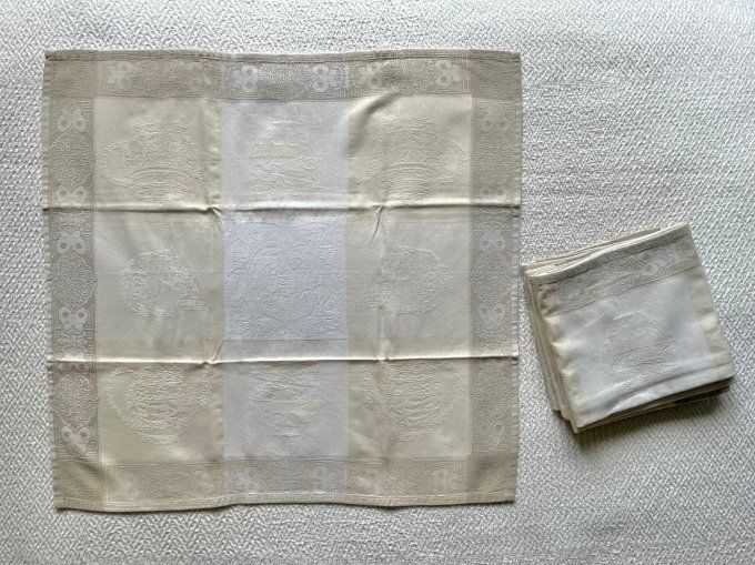 Lot de 5 serviettes de table vintage en tissu damassé bicolore, années 1980/1990
