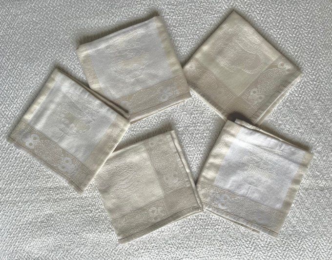 Lot de 5 serviettes de table vintage en tissu damassé bicolore, années 1980/1990