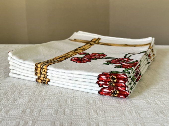 Lot de 6 adorables torchons, fleurs et ouseaux, en coton, neufs