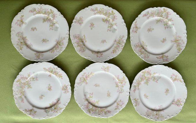 Lot de 6 assiettes anciennes en porcelaine de Limoges Haviland modèle The Bretagne, Art nouveau