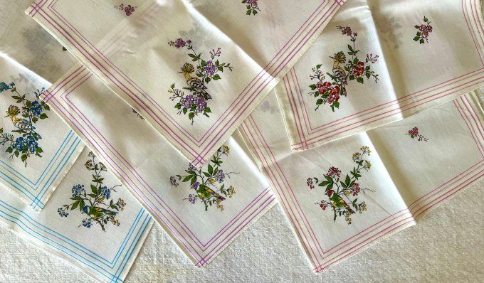 Lot de 6 mouchoirs, 3 modèles au choix, Papillon, Oiseaux ou Fleurs, Neufs