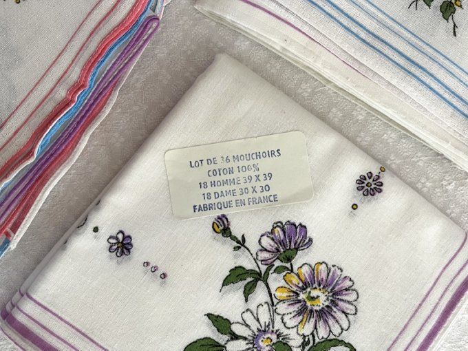 Lot de 6 mouchoirs, 3 modèles au choix, Papillon, Oiseaux ou Fleurs, Neufs
