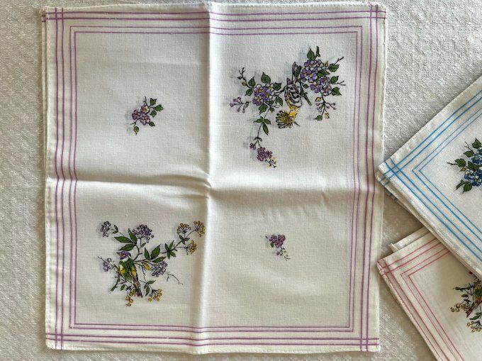 Lot de 6 mouchoirs, 3 modèles au choix, Papillon, Oiseaux ou Fleurs, Neufs
