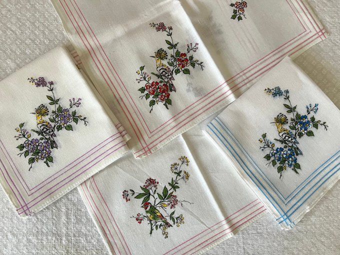 Lot de 6 mouchoirs, 3 modèles au choix, Papillon, Oiseaux ou Fleurs, Neufs