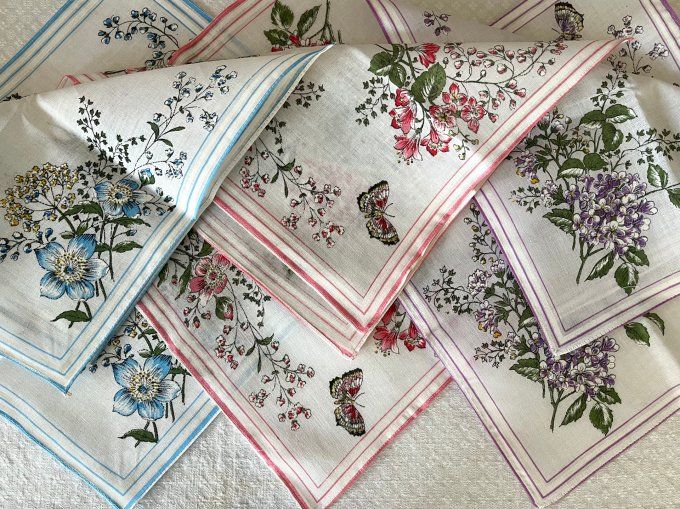 Lot de 6 mouchoirs, 3 modèles au choix, Papillon, Oiseaux ou Fleurs, Neufs