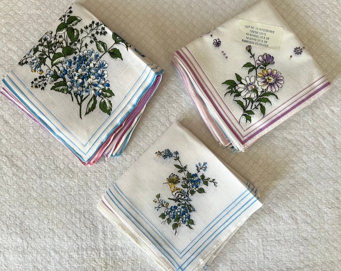 Lot de 6 mouchoirs, 3 modèles au choix, Papillon, Oiseaux ou Fleurs, Neufs